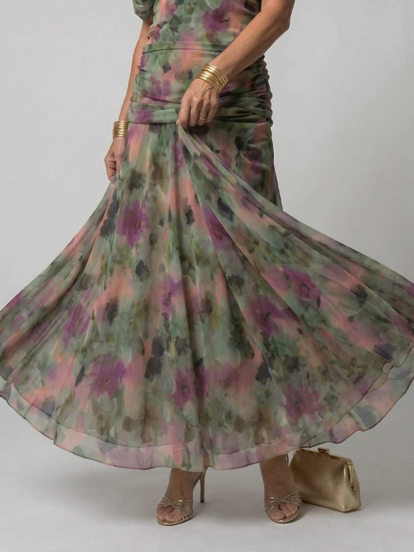 Soledad | Vestido Midi Drapeado Estampado Floral Mujer Sin Hombros