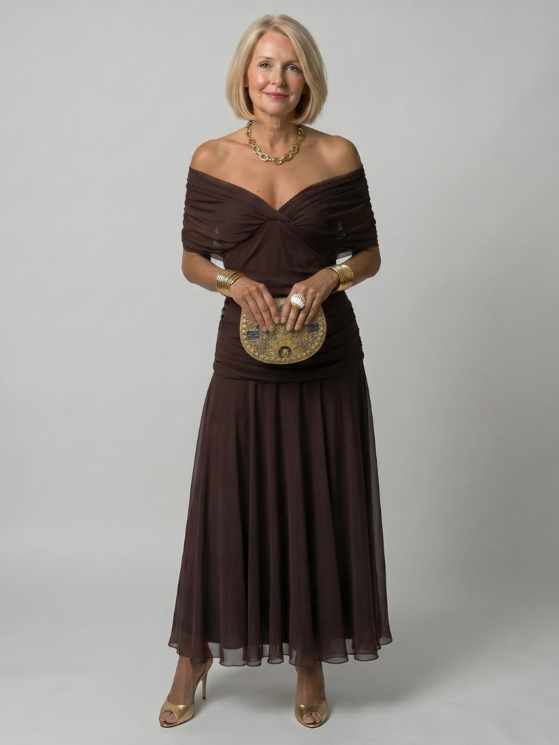 Soledad | Vestido Midi Drapeado Estampado Floral Mujer Sin Hombros