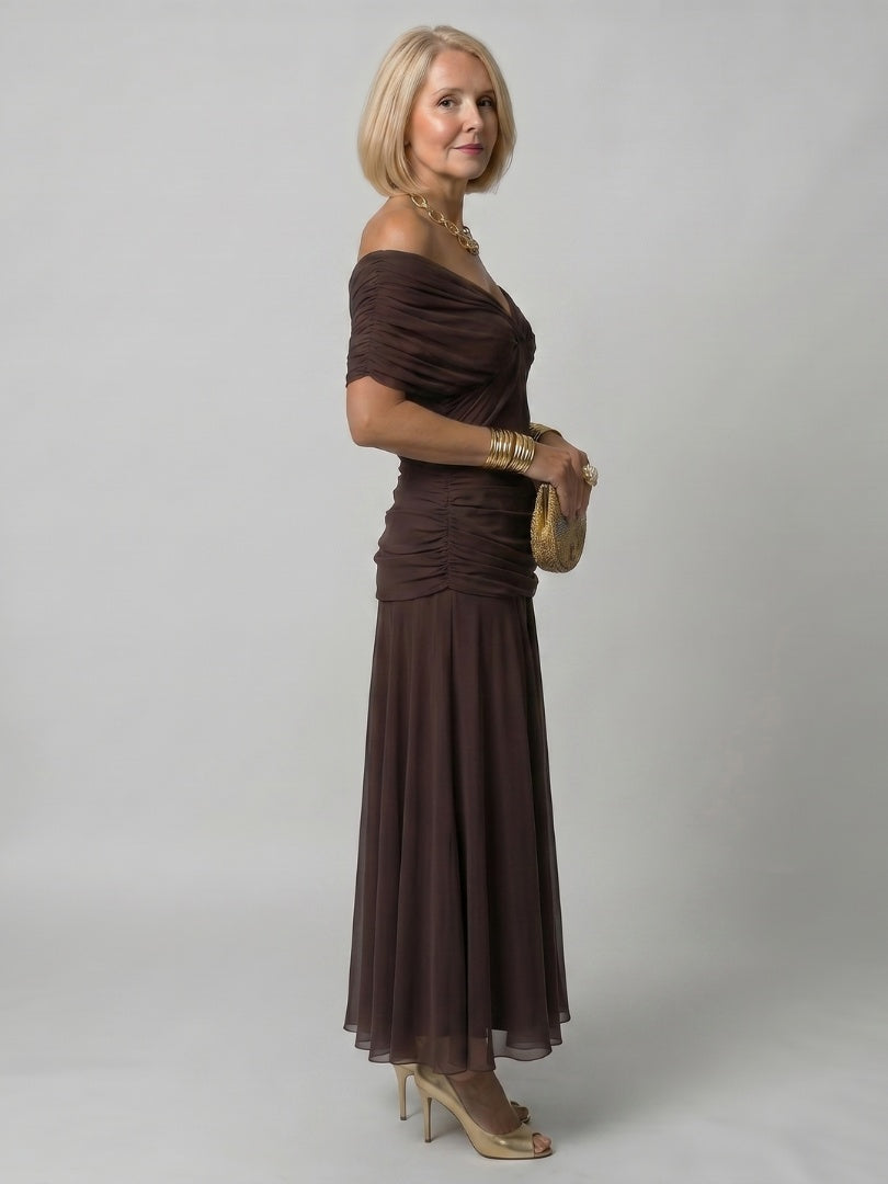 Soledad | Vestido Midi Drapeado Estampado Floral Mujer Sin Hombros
