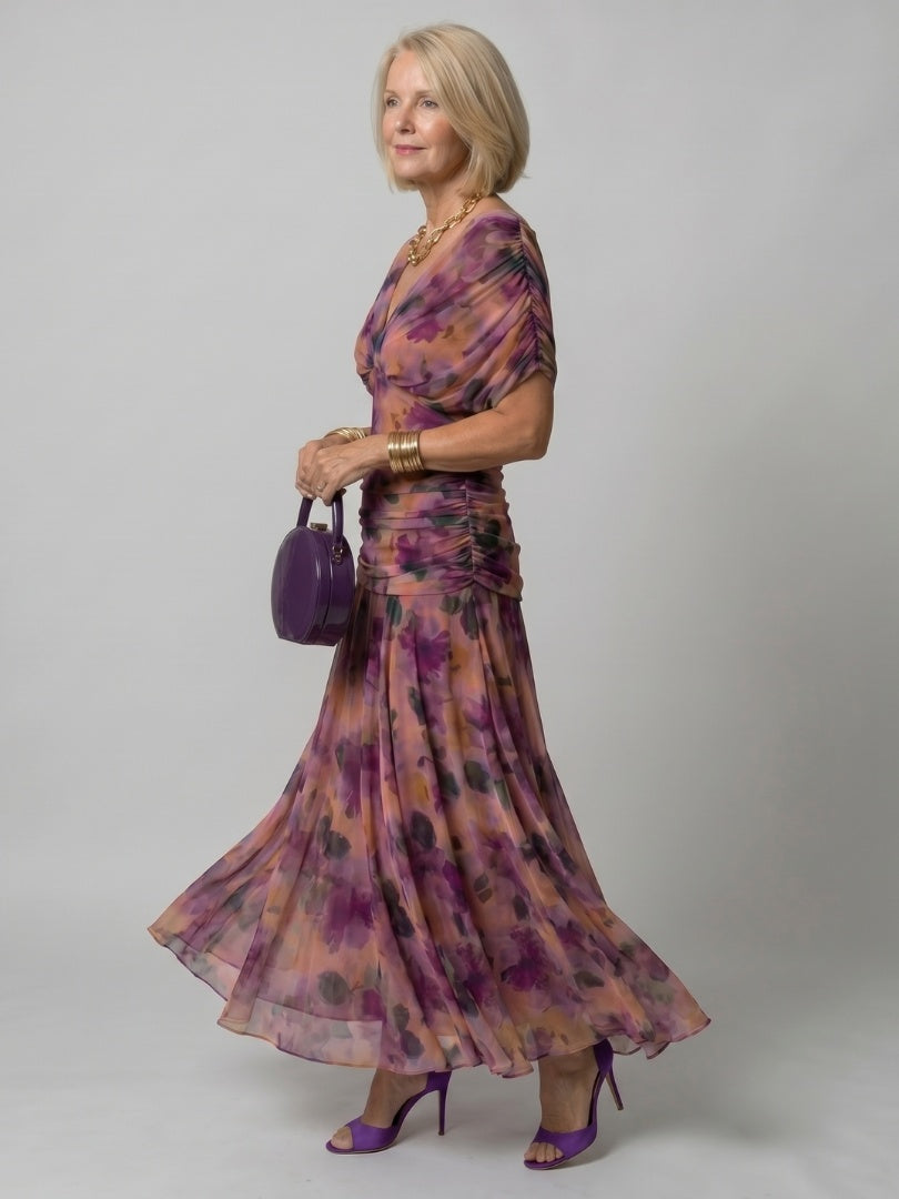 Soledad | Vestido Midi Drapeado Estampado Floral Mujer Sin Hombros