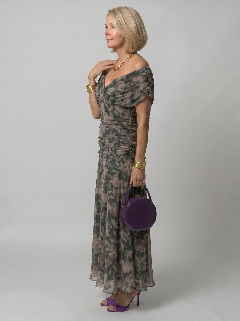 Soledad | Vestido Midi Drapeado Estampado Floral Mujer Sin Hombros