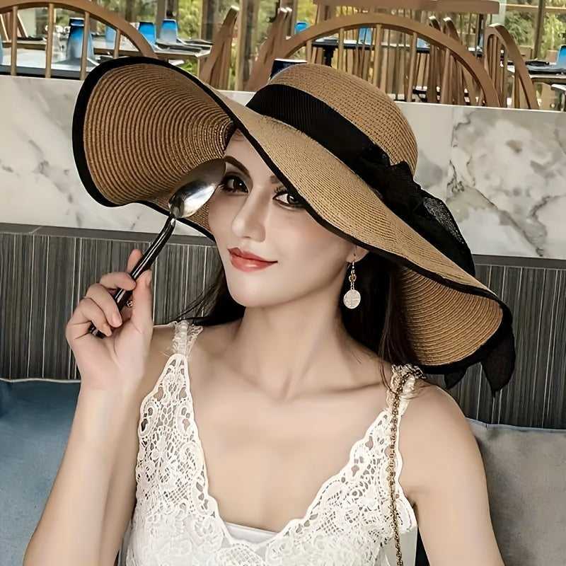 Sombrero de Ala Ancha de Paja Mujer Lazo Ajustable