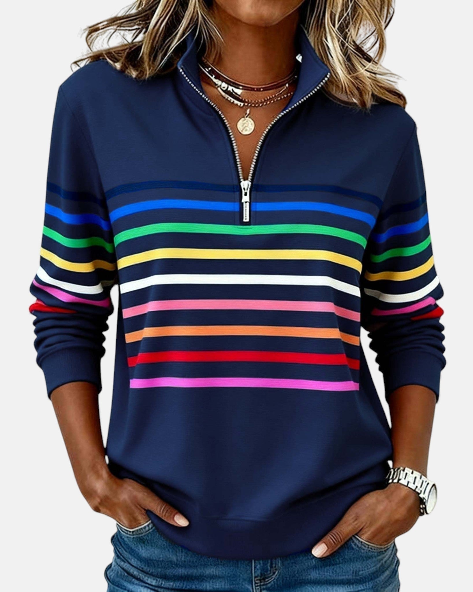 Sudadera de Rayas Mujer Cuello Cremallera Manga Larga
