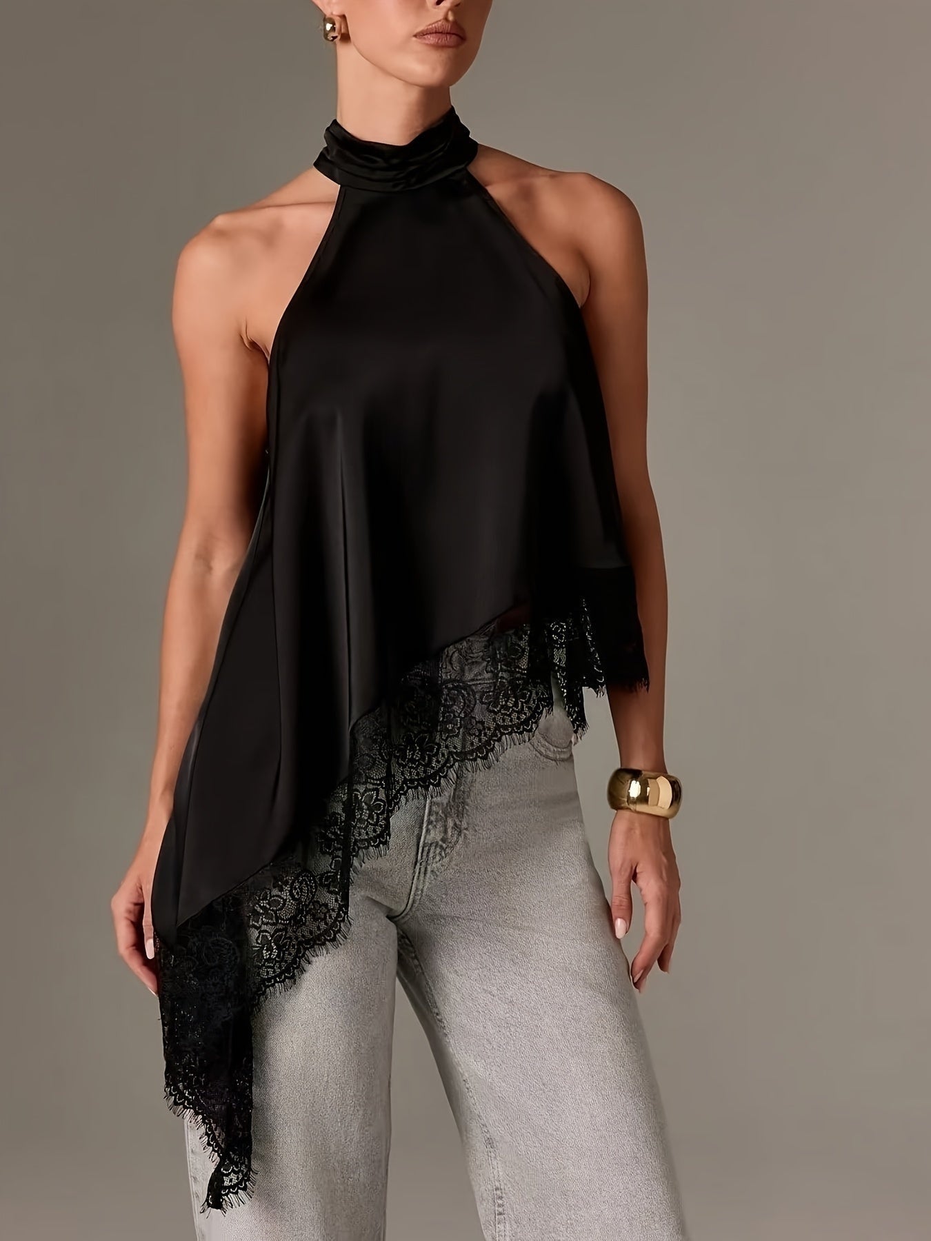 Top Halter Asimétrico con Encaje Mujer Cuello Alto