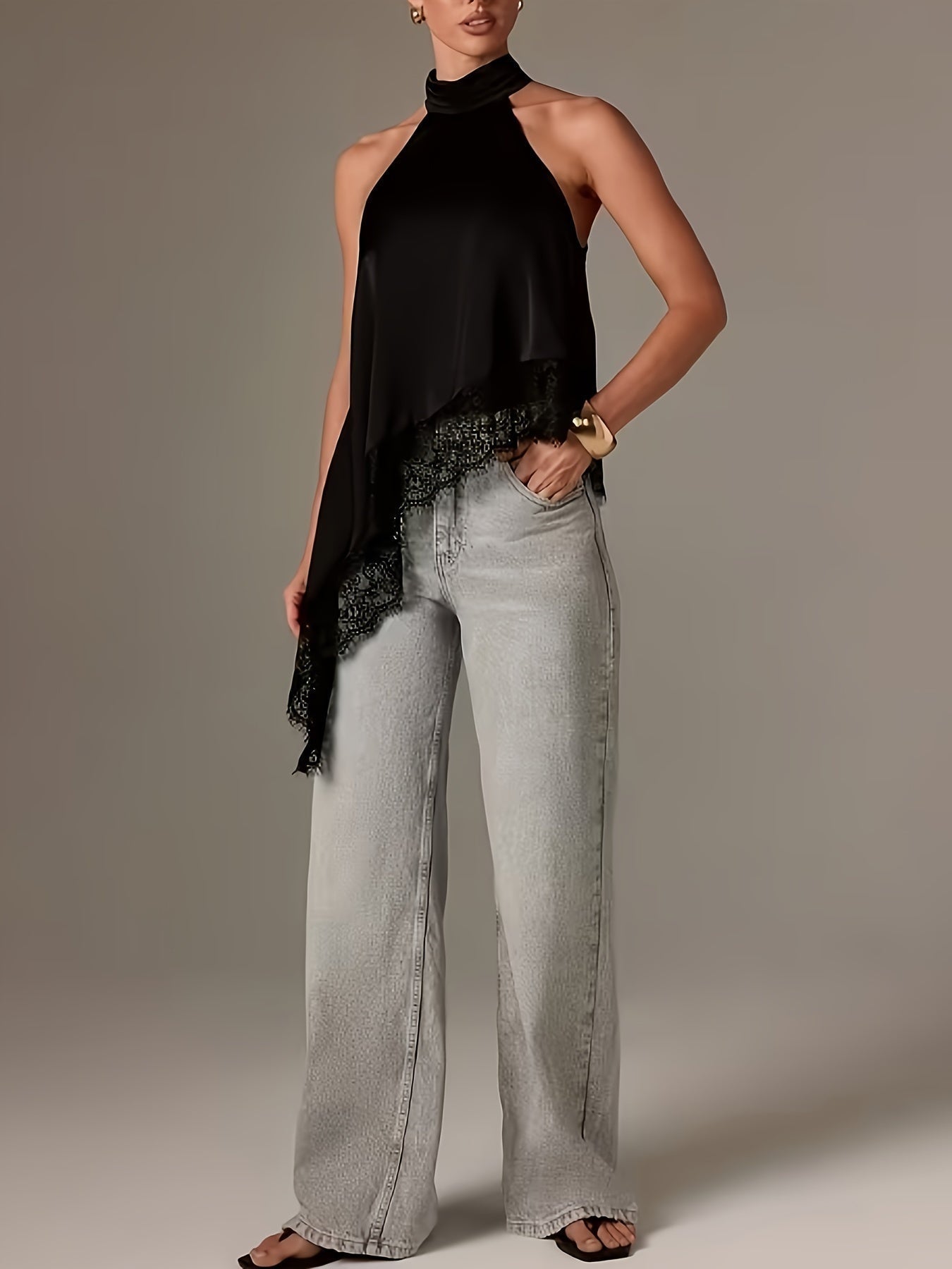Top Halter Asimétrico con Encaje Mujer Cuello Alto