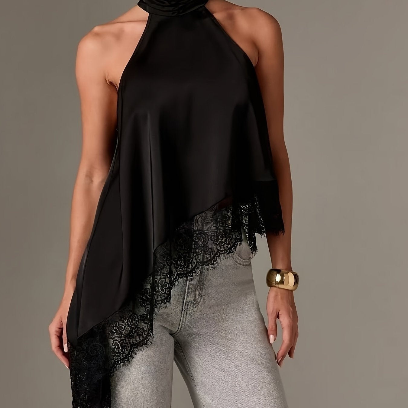 Top Halter Asimétrico con Encaje Mujer Cuello Alto