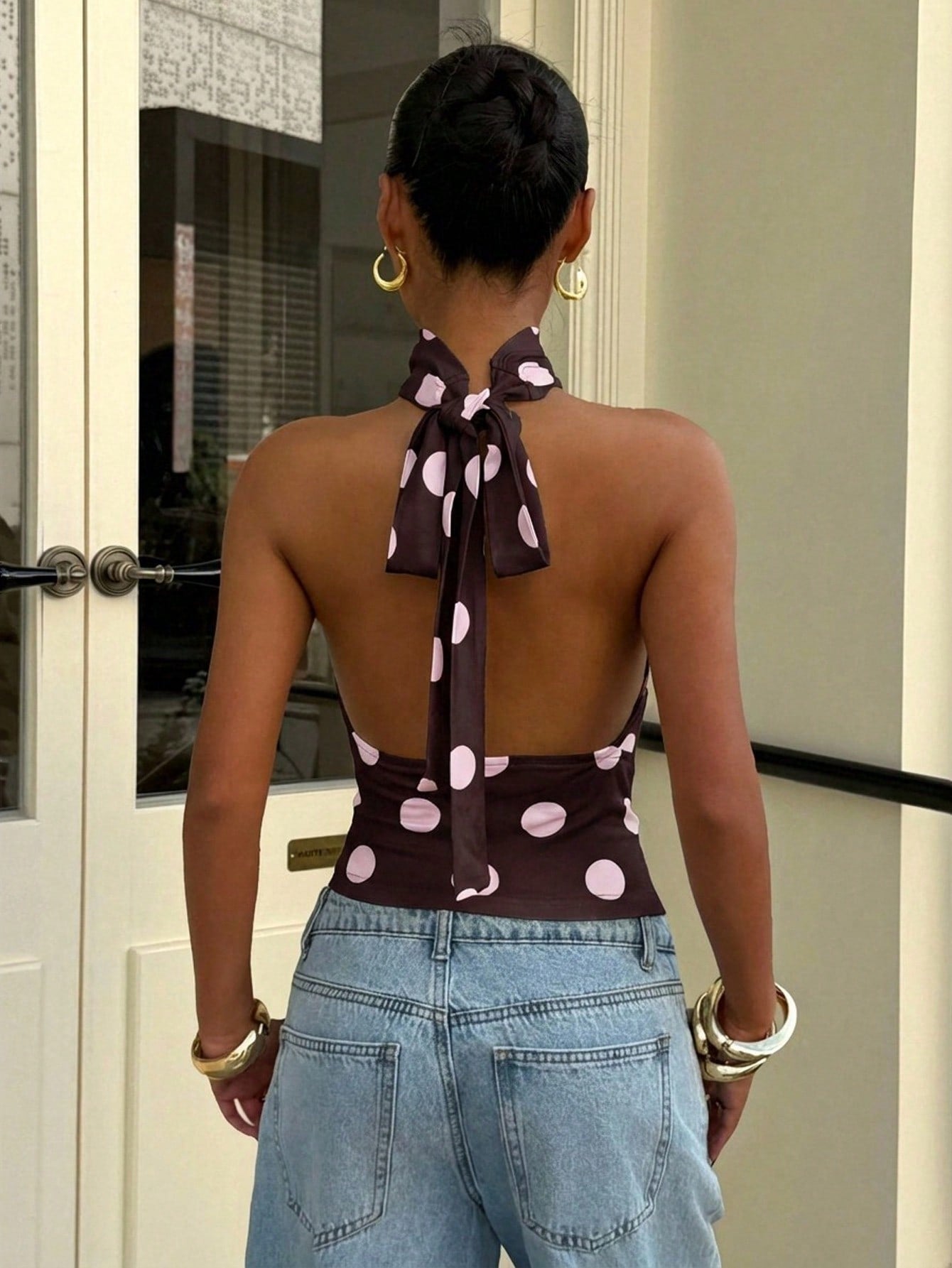 Top Halter de Lunares Mujer Cuello Alto Espalda Descubierta