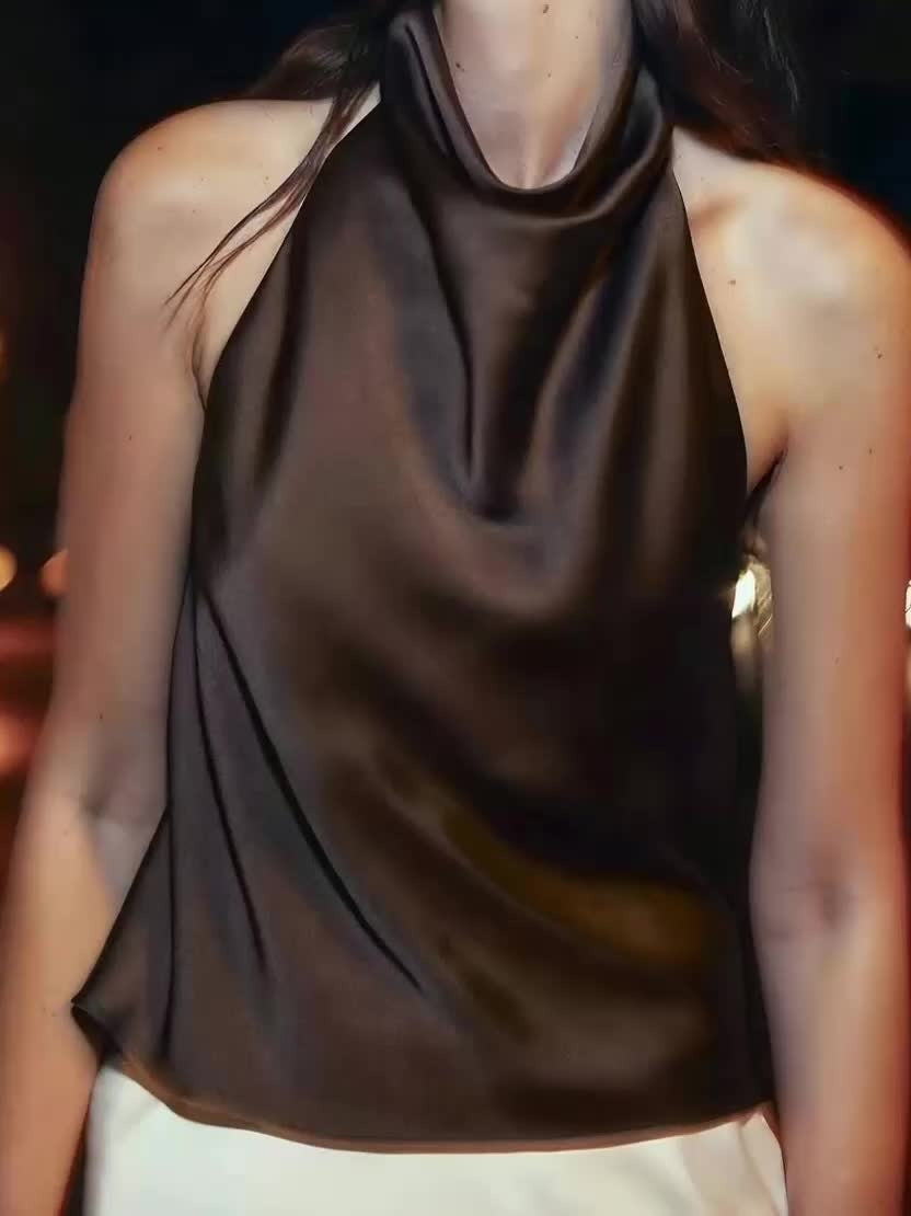 Top Halter de Satén Sin Mangas Mujer Espalda Descubierta