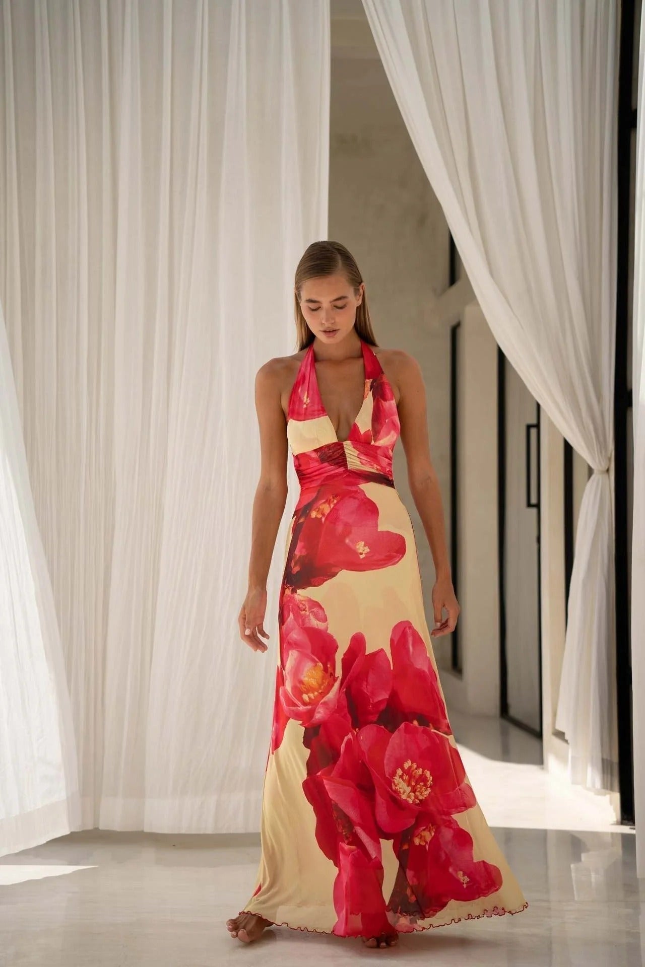 Triana | Vestido Largo de Lunares Mujer Halter Escote V Profundo