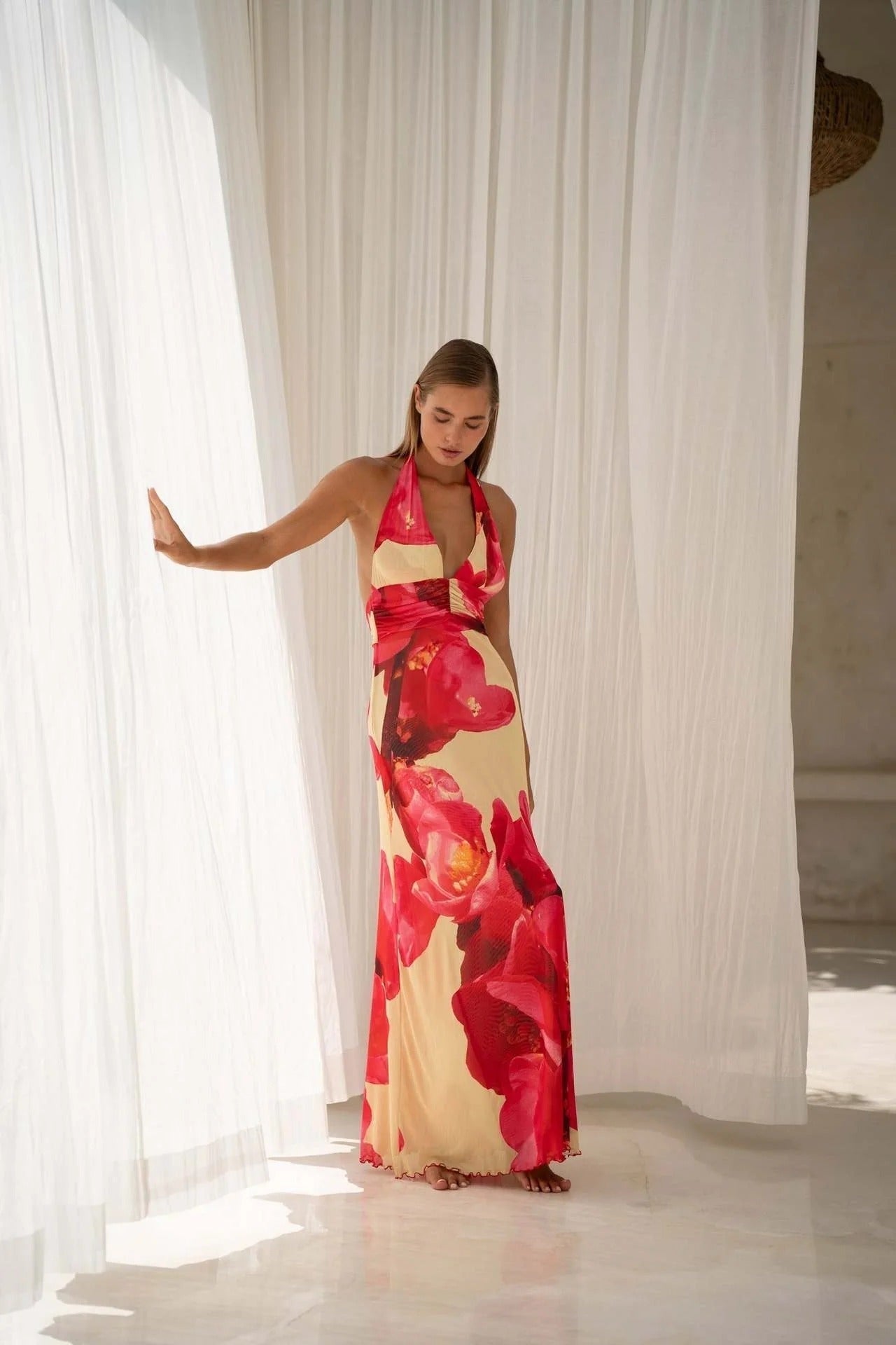 Triana | Vestido Largo de Lunares Mujer Halter Escote V Profundo