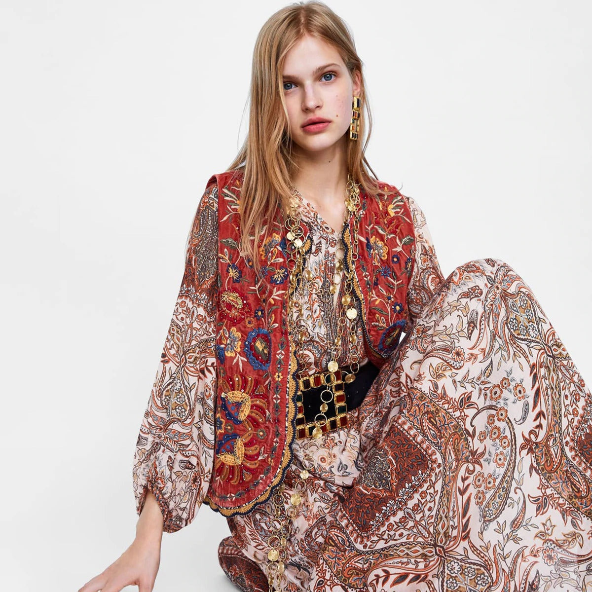 Uxía | Chaleco Largo Boho Mujer Estampado Paisley Escote V
