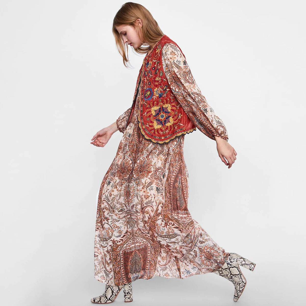 Uxía | Chaleco Largo Boho Mujer Estampado Paisley Escote V