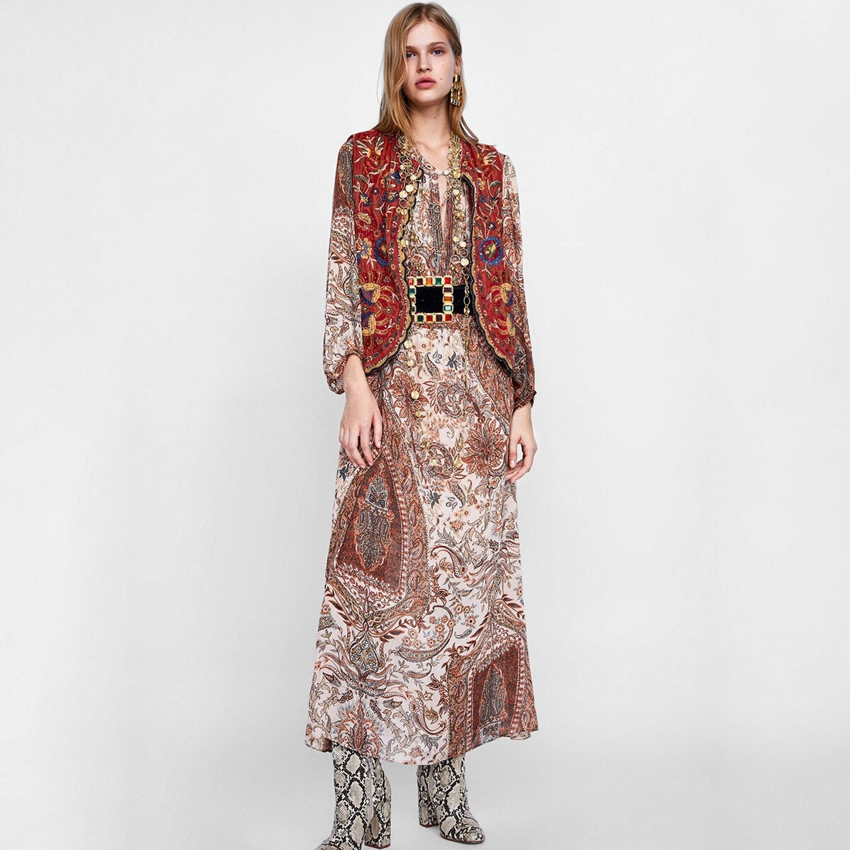 Uxía | Chaleco Largo Boho Mujer Estampado Paisley Escote V