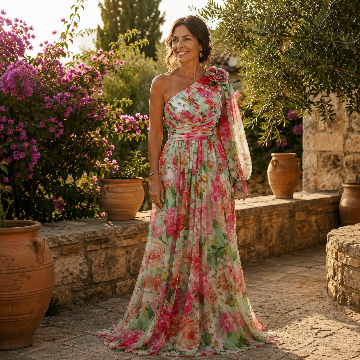 Uxía | Vestido Invitada de Manga Larga Mujer Un Hombro Floral