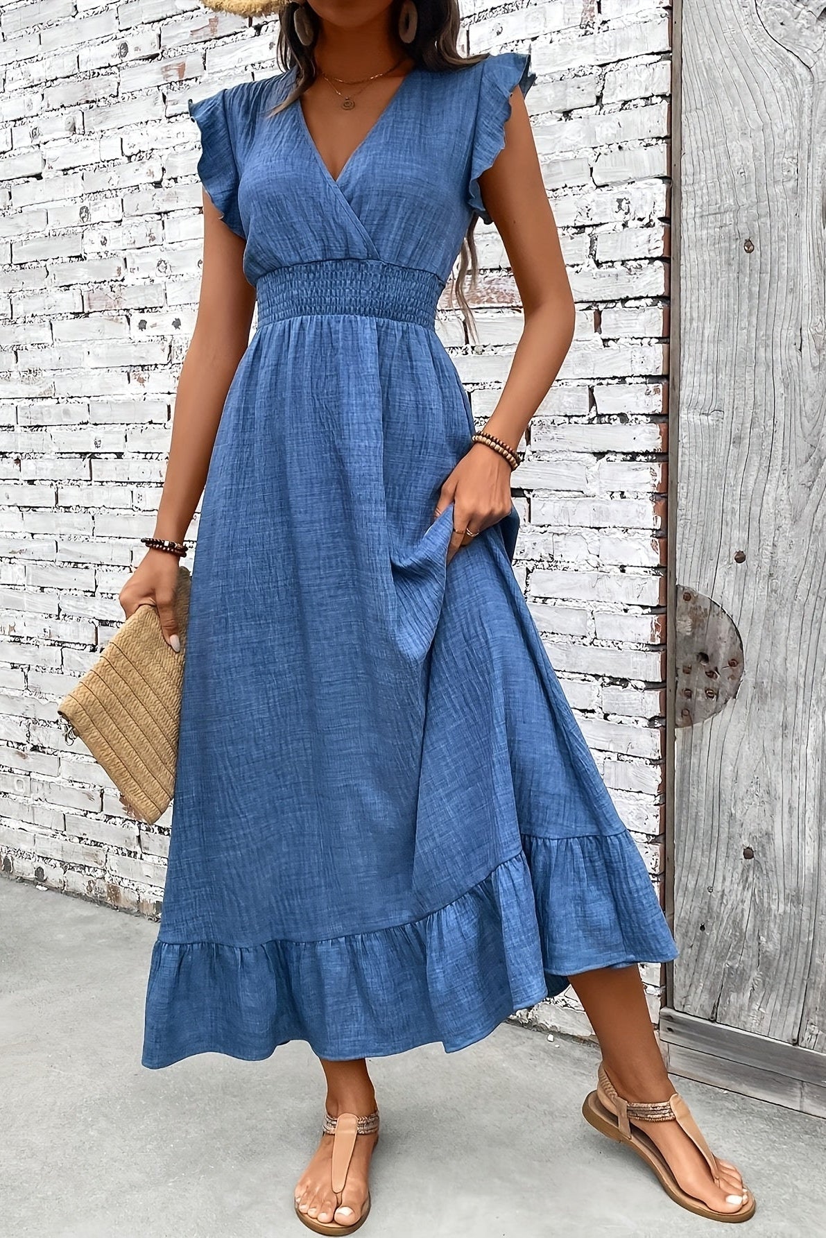 Uxía | Vestido Largo con Volantes Mujer Escote V Cintura Fruncida