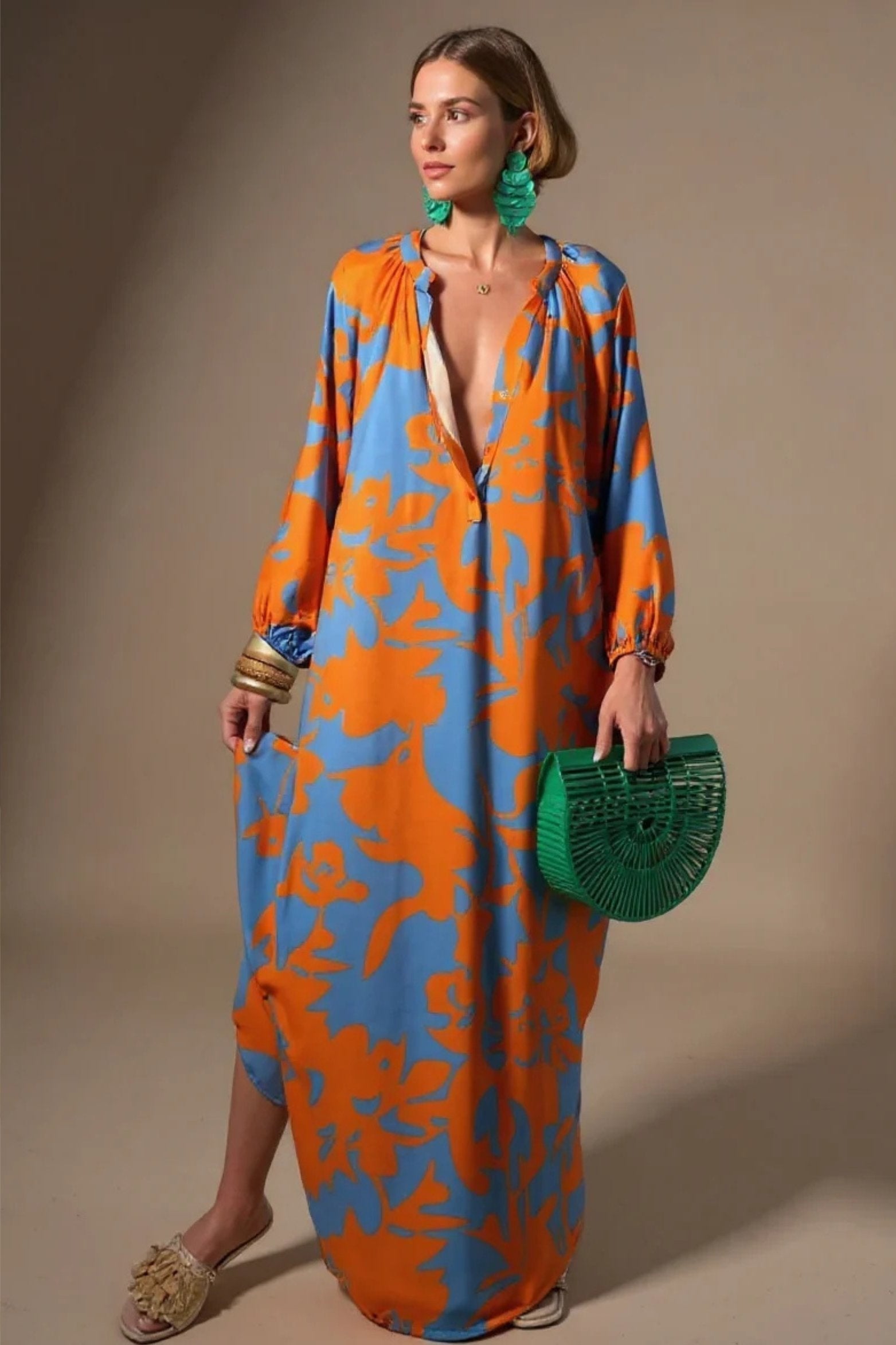 Valeria | Vestido Kaftan Boho Mujer Manga Larga Escote V