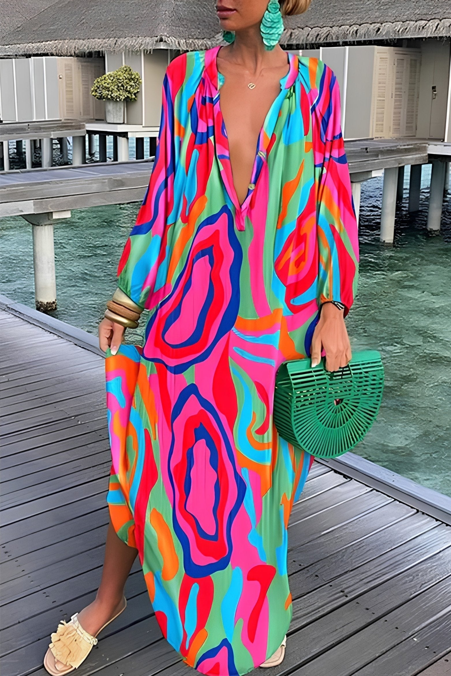 Valeria | Vestido Kaftan Boho Mujer Manga Larga Escote V