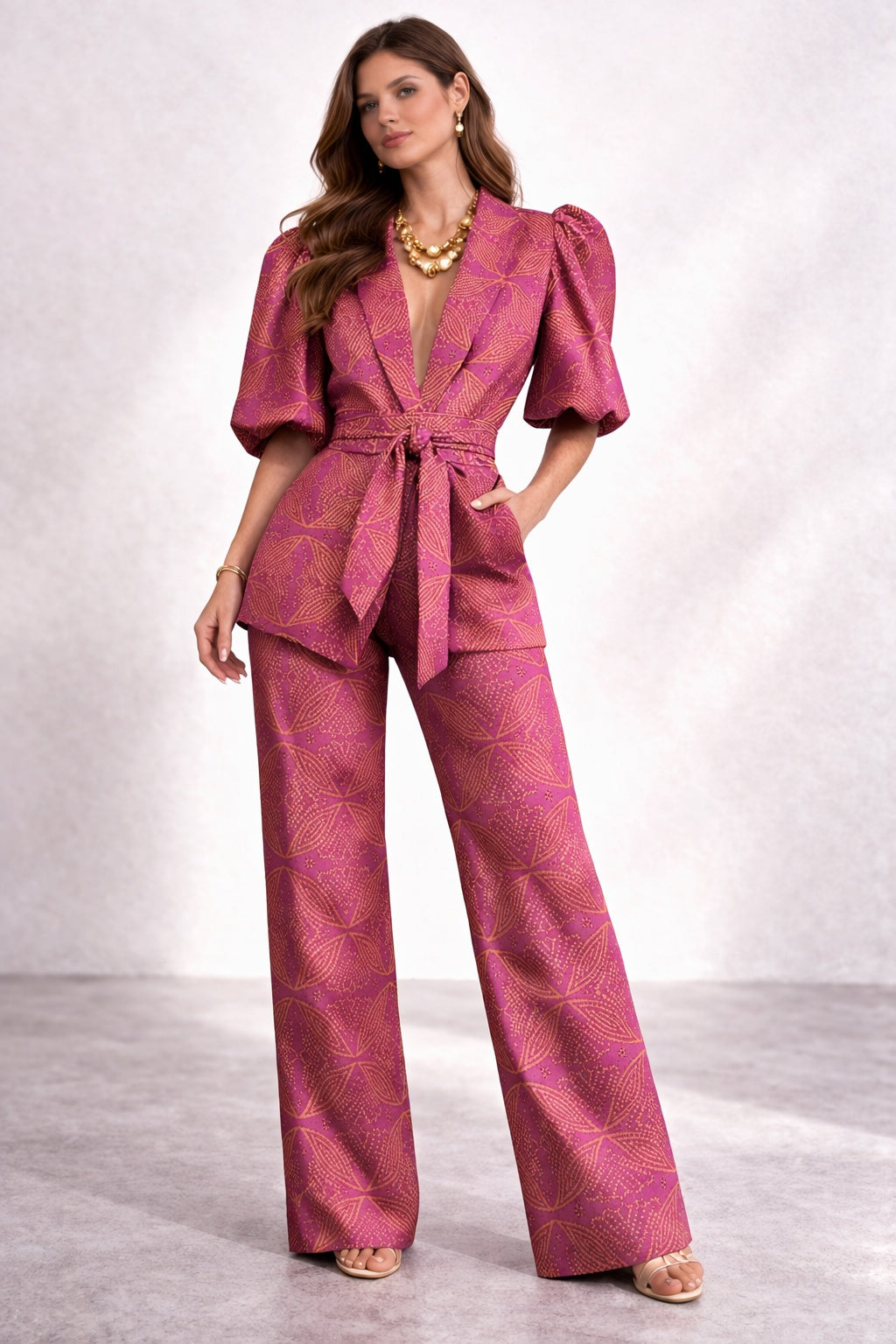 Vega | Conjunto de Pantalón Palazzo Estampado Mujer Mangas Abullonadas