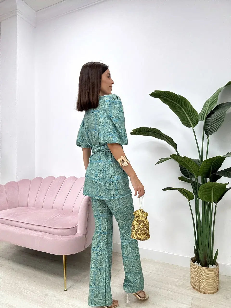 Vega | Conjunto de Pantalón Palazzo Estampado Mujer Mangas Abullonadas