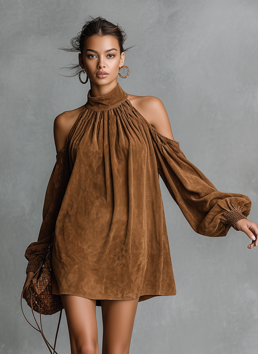 Vega | Vestido Corto Holgado de Ante Sintético Mujer Manga Linterna Hombros Descubiertos