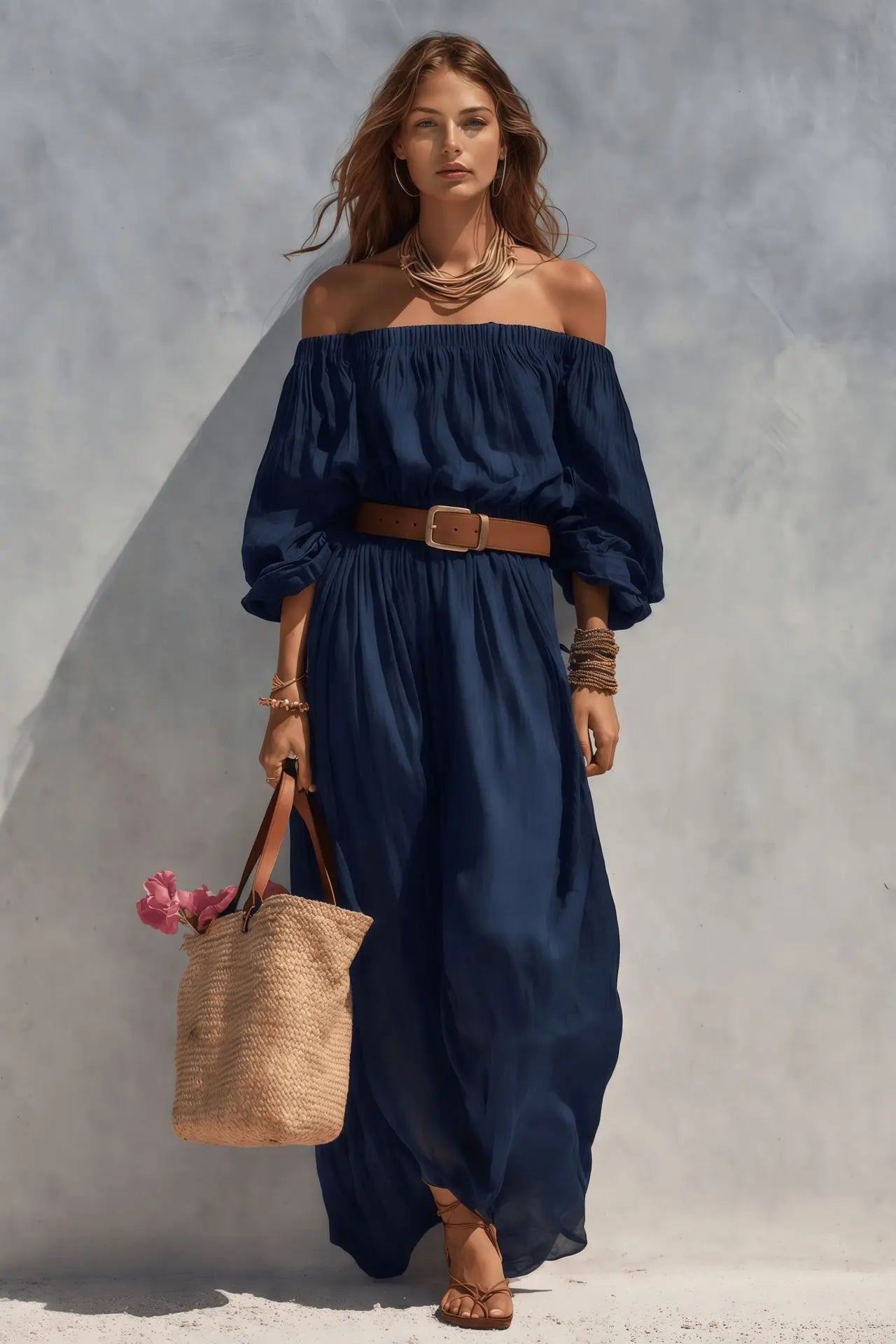Vega | Vestido Largo Blanco Hombros Descubiertos Mujer Cinturón