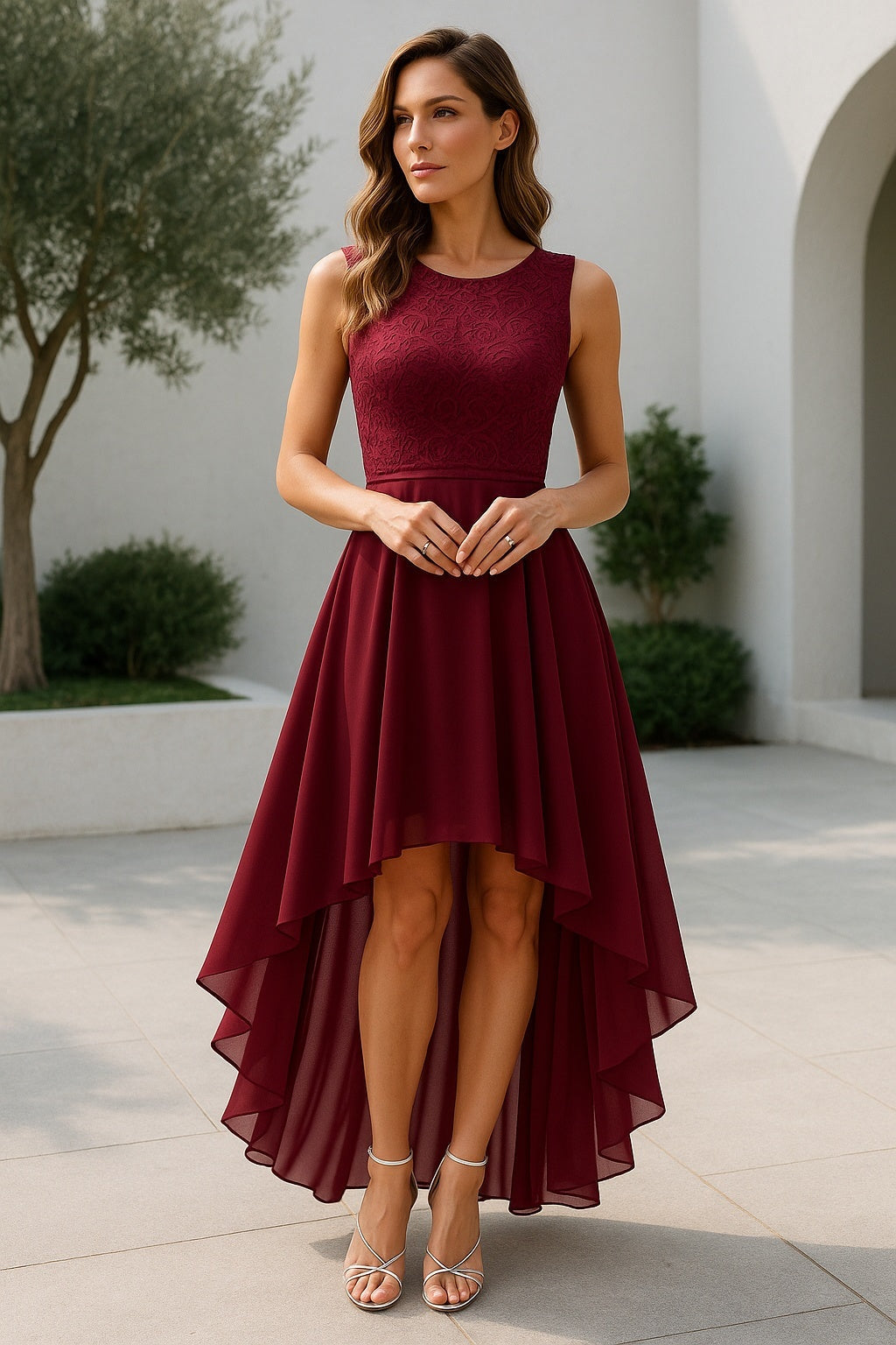 Vestido Asimétrico de Encaje Mujer Sin Mangas