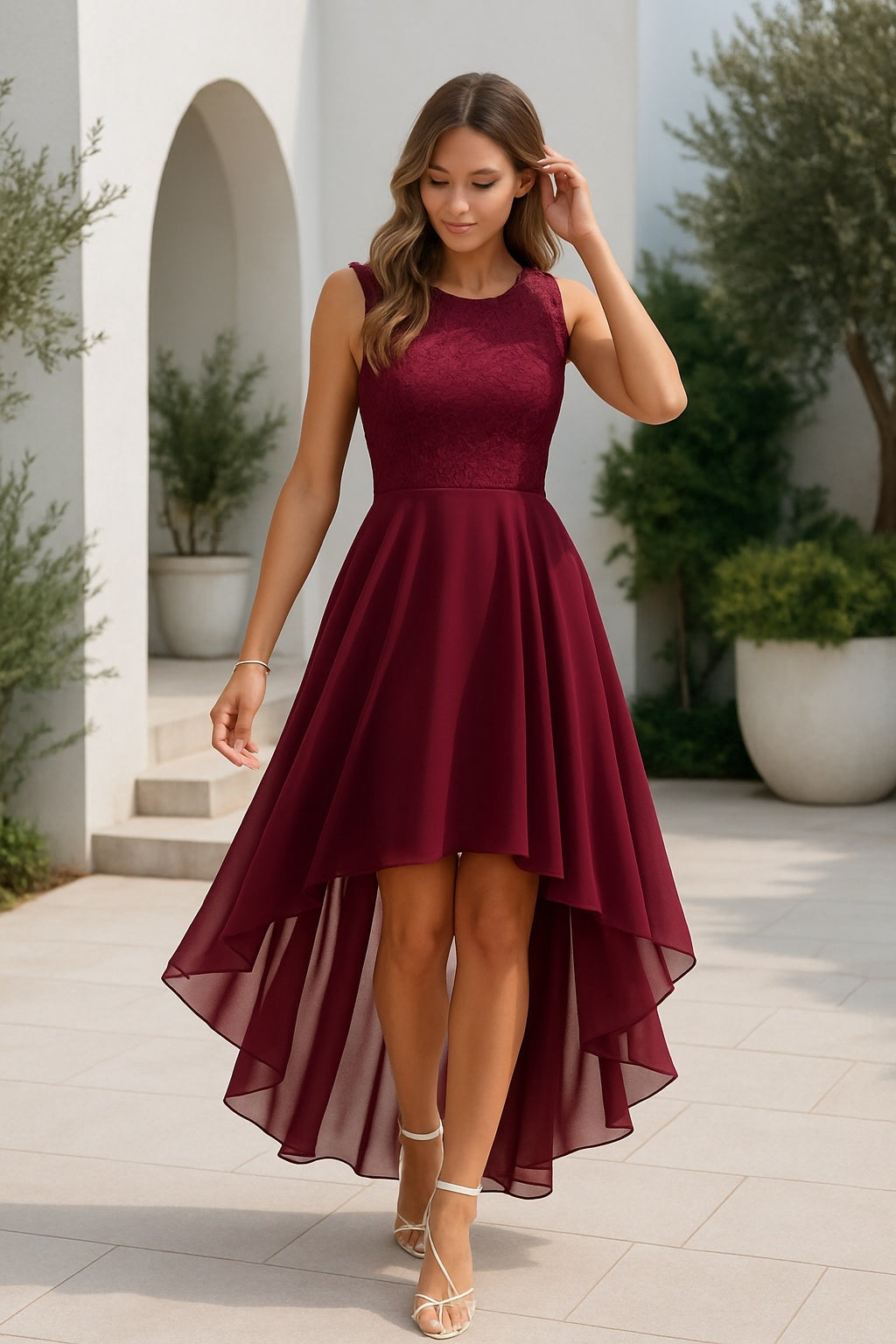 Vestido Asimétrico de Encaje Mujer Sin Mangas