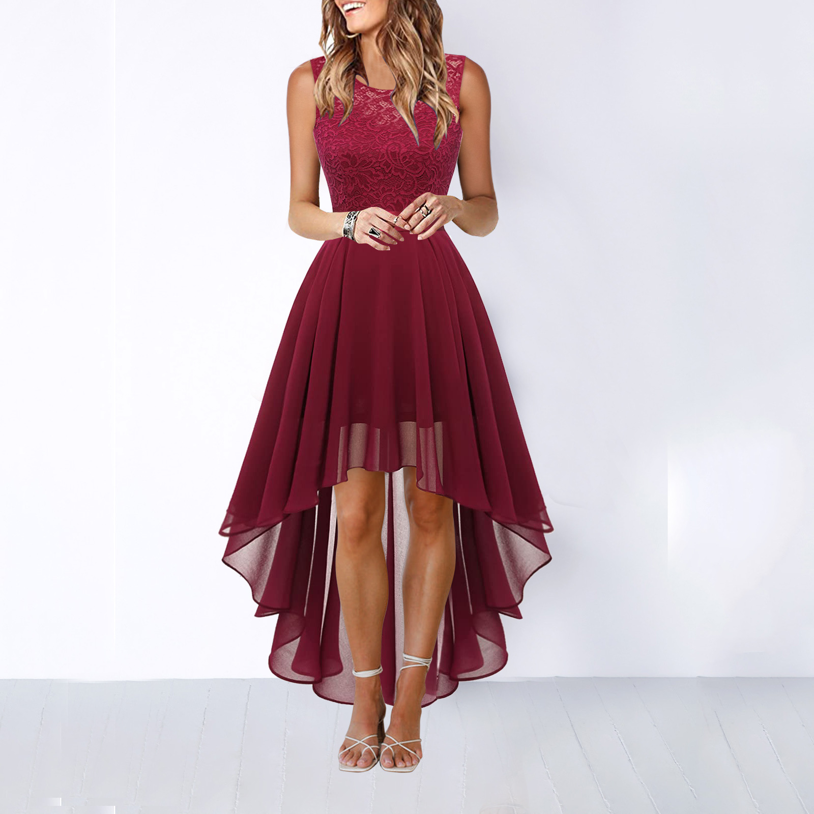 Vestido Asimétrico de Encaje Mujer Sin Mangas
