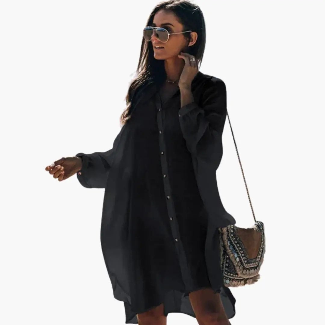 Vestido Camisero de Manga Larga Mujer Escote V