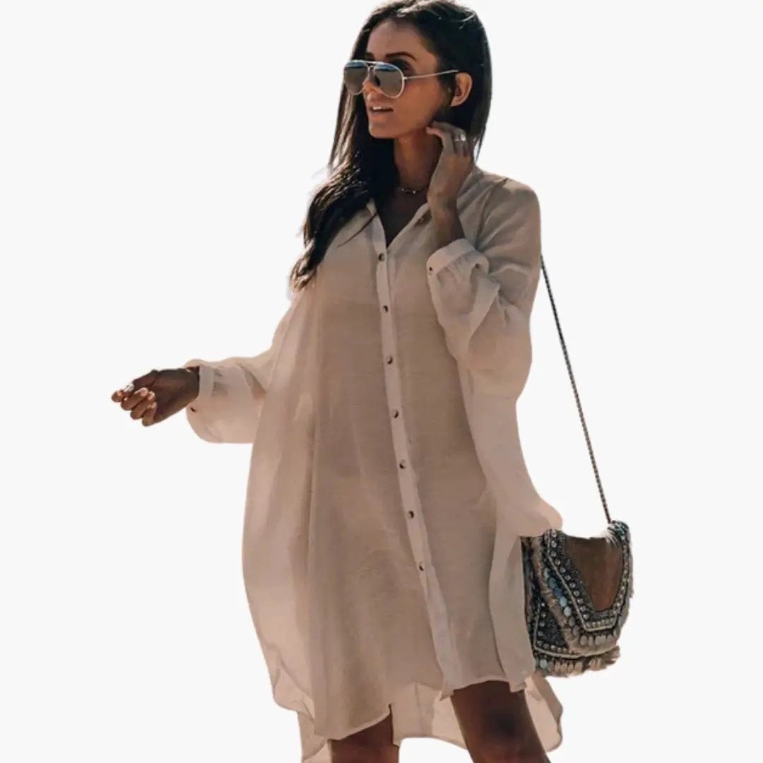 Vestido Camisero de Manga Larga Mujer Escote V
