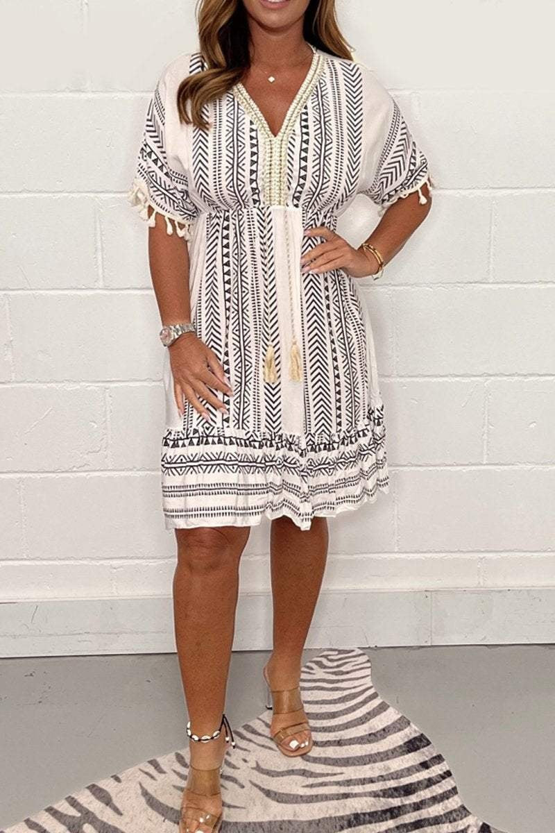 Vestido Corto Boho con Flecos Mujer Escote V