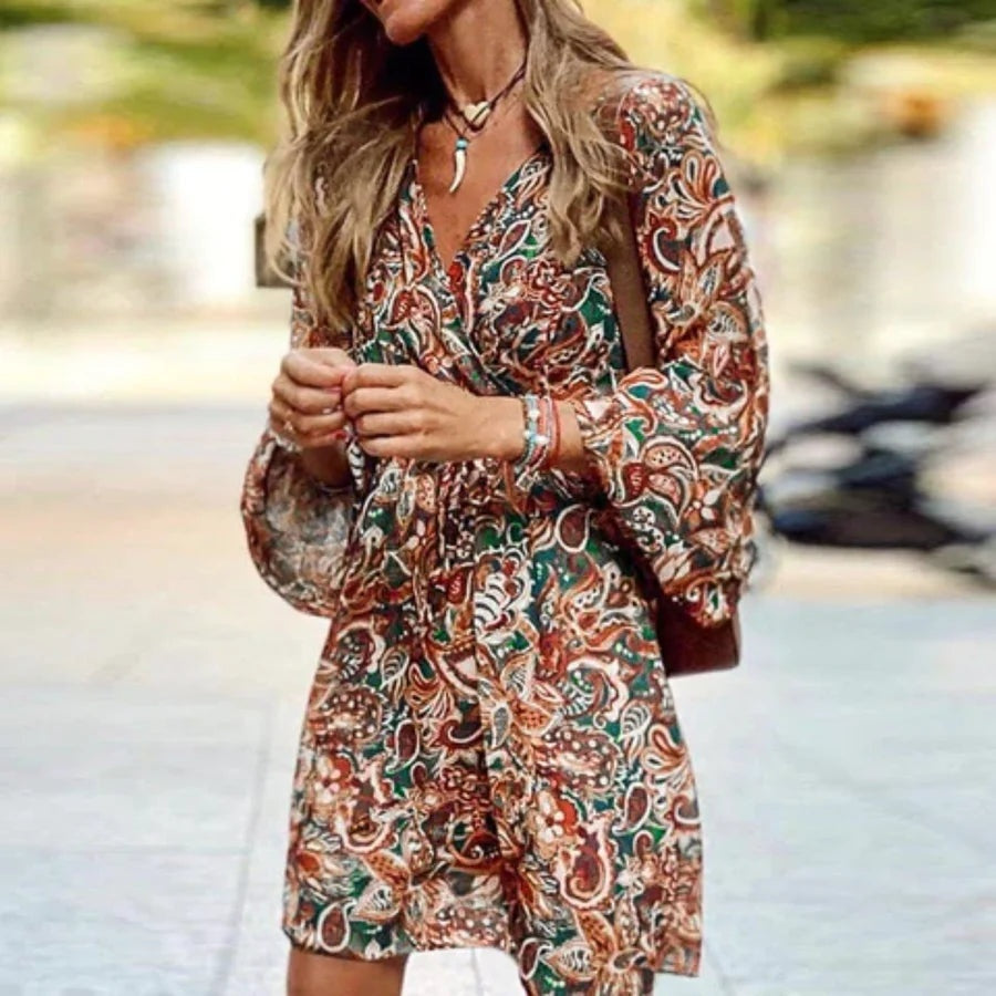 Vestido Corto Boho Estampado Paisley Mujer Manga Larga