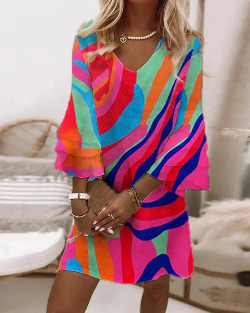 Vestido Corto de Fiesta Mujer Escote V Manga Acampanada