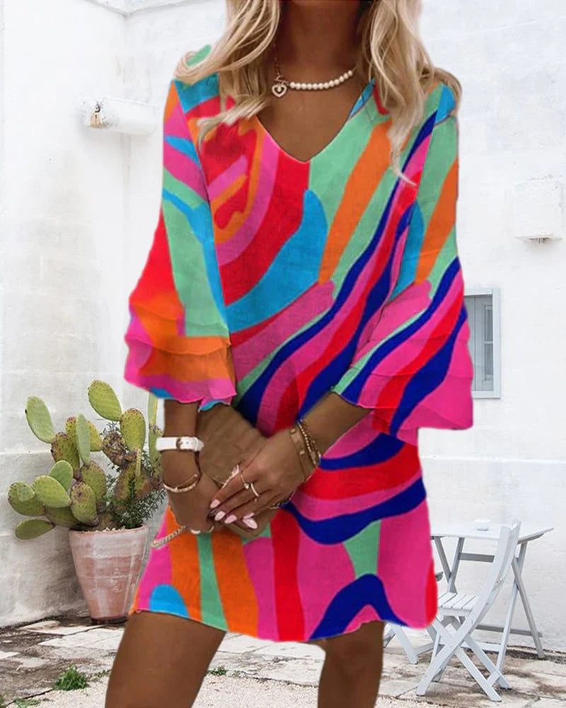 Vestido Corto de Fiesta Mujer Escote V Manga Acampanada