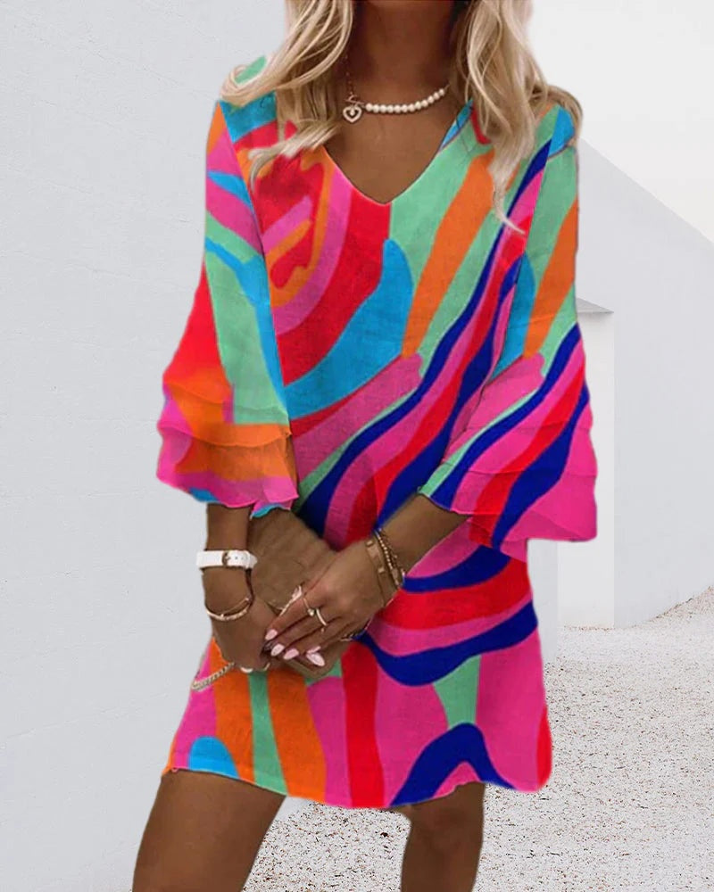 Vestido Corto de Fiesta Mujer Escote V Manga Acampanada