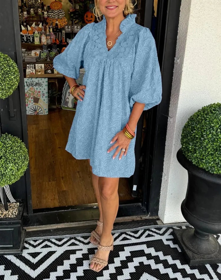 Vestido Corto de Fiesta Mujer Escote V Mangas Abullonadas