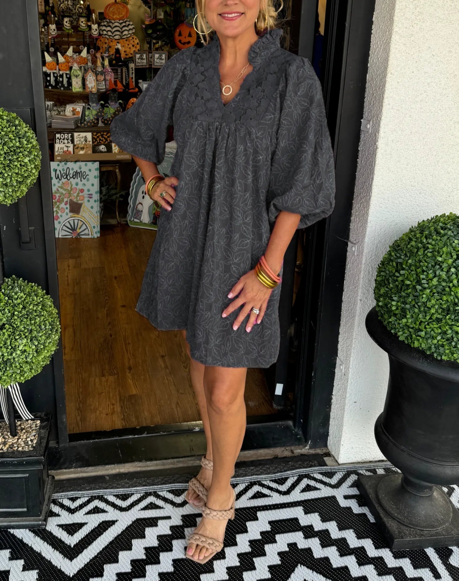 Vestido Corto de Fiesta Mujer Escote V Mangas Abullonadas