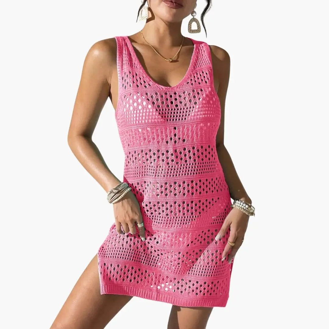 Vestido Corto de Punto Calado Mujer Sin Mangas