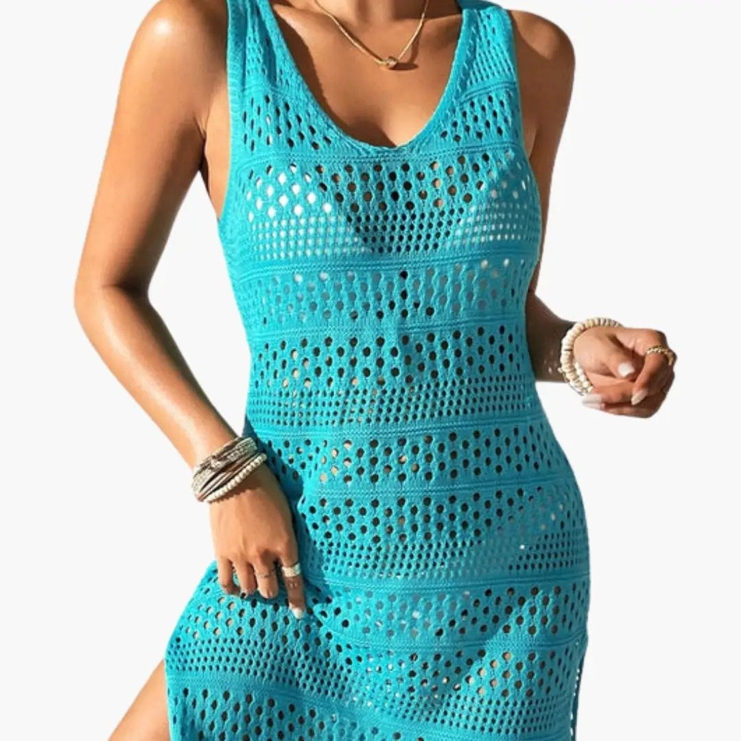 Vestido Corto de Punto Calado Mujer Sin Mangas