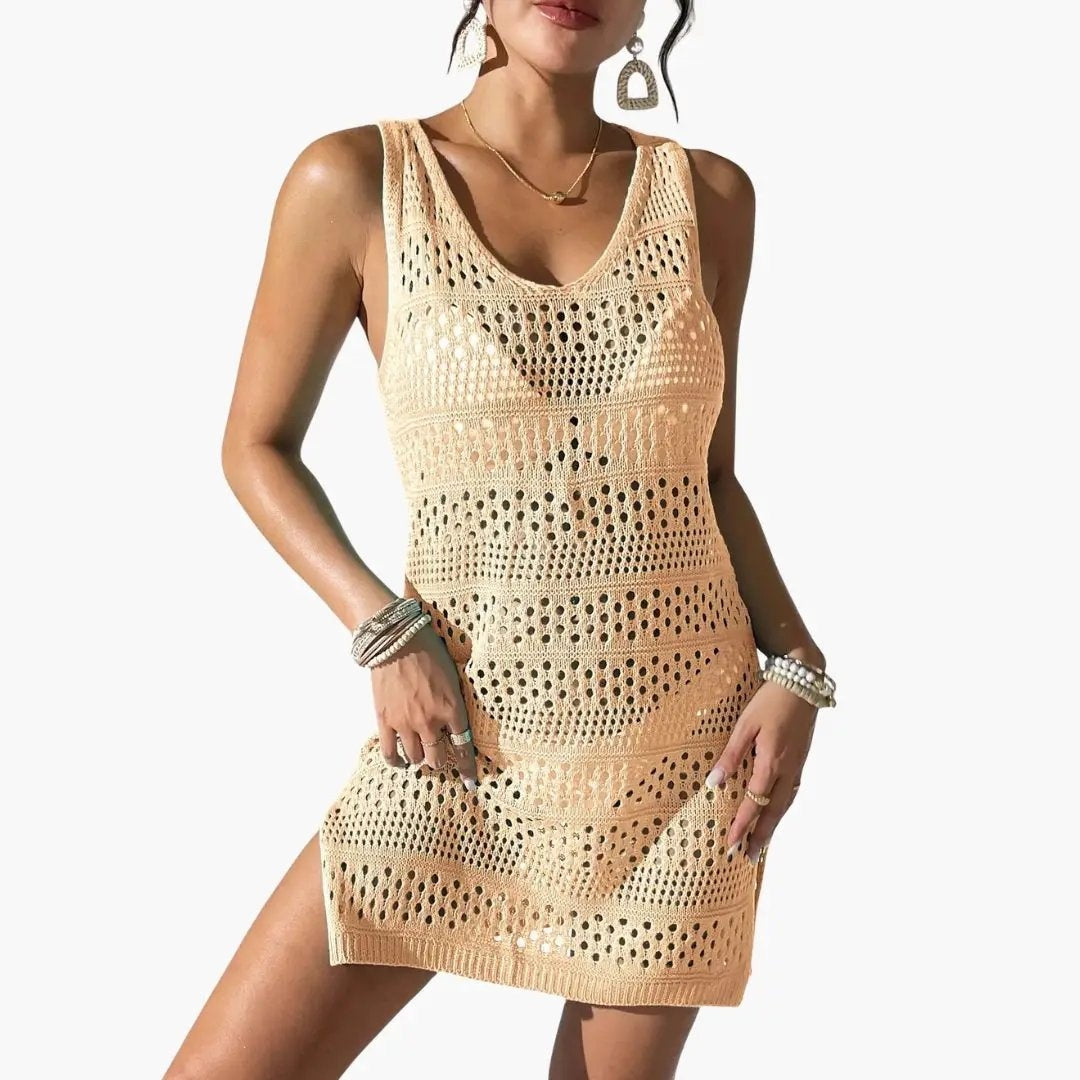 Vestido Corto de Punto Calado Mujer Sin Mangas