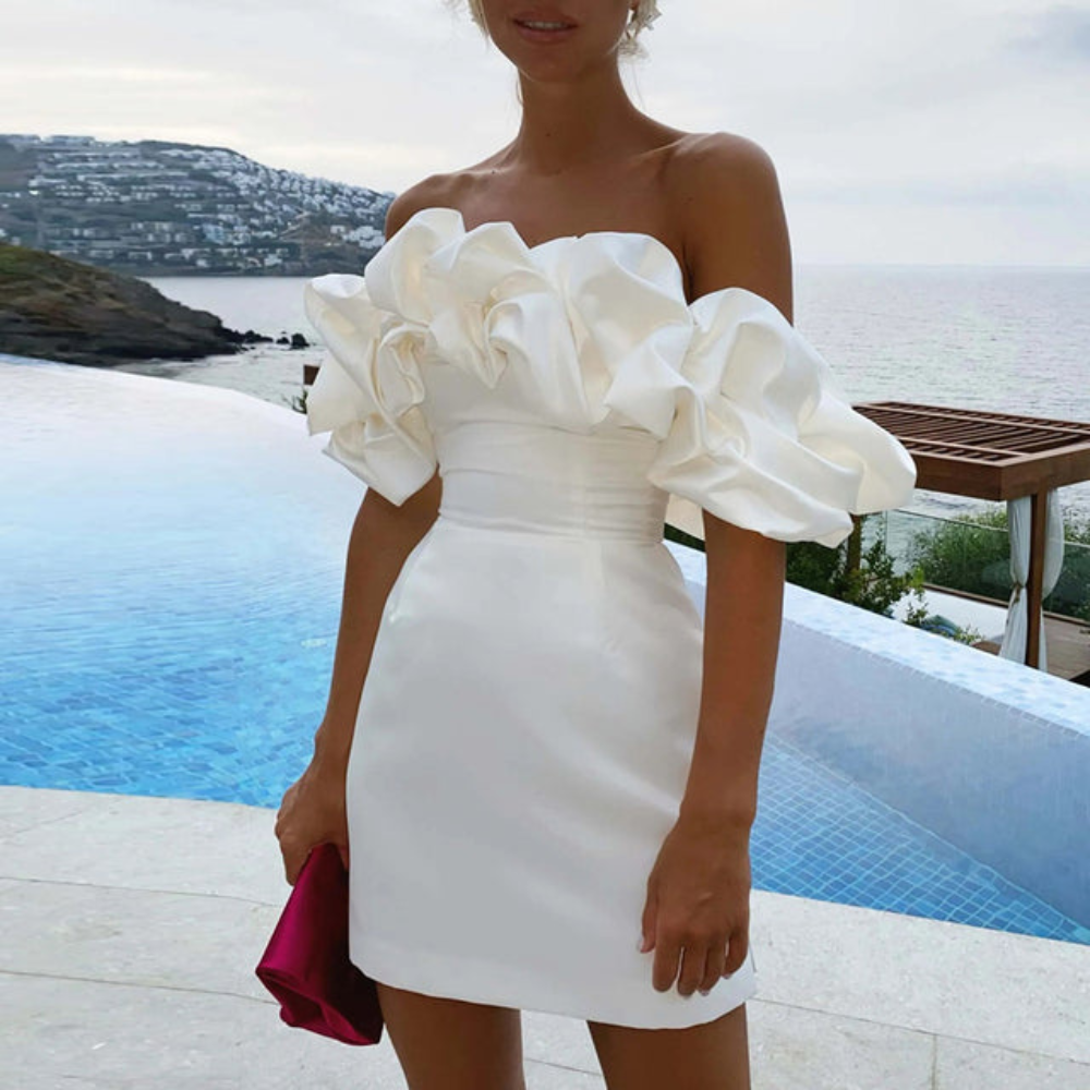 Vestido Corto Palabra de Honor con Volantes Mujer