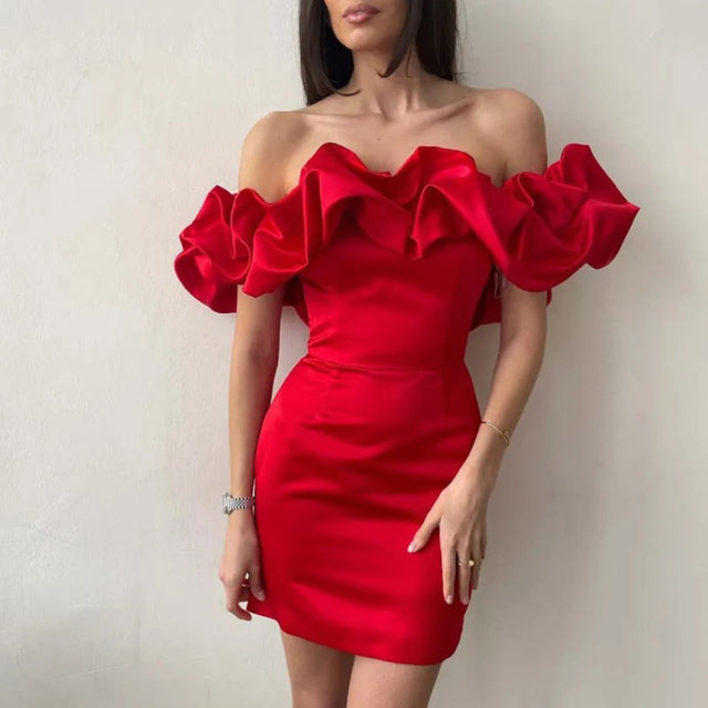 Vestido Corto Palabra de Honor con Volantes Mujer