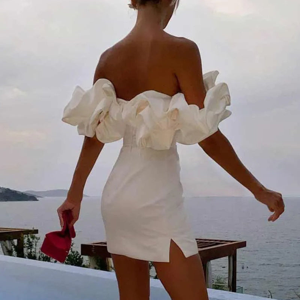 Vestido Corto Palabra de Honor con Volantes Mujer