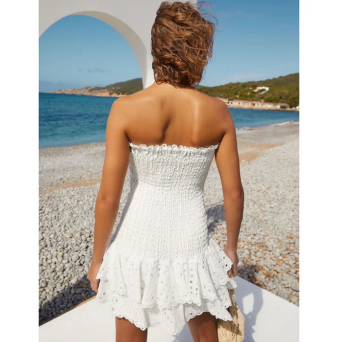 Vestido Corto Palabra de Honor con Volantes Mujer Fruncido