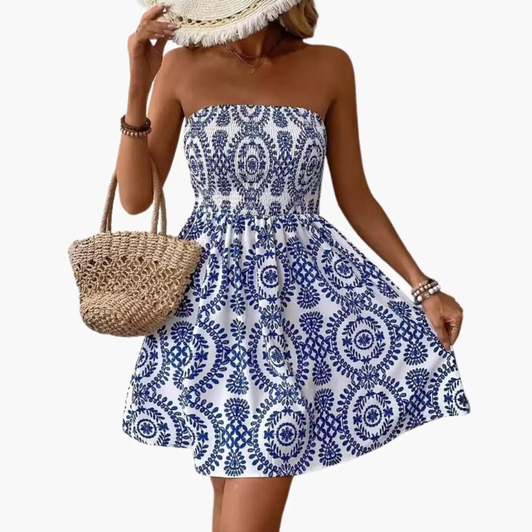 Vestido Corto Palabra de Honor Estampado Geométrico Mujer