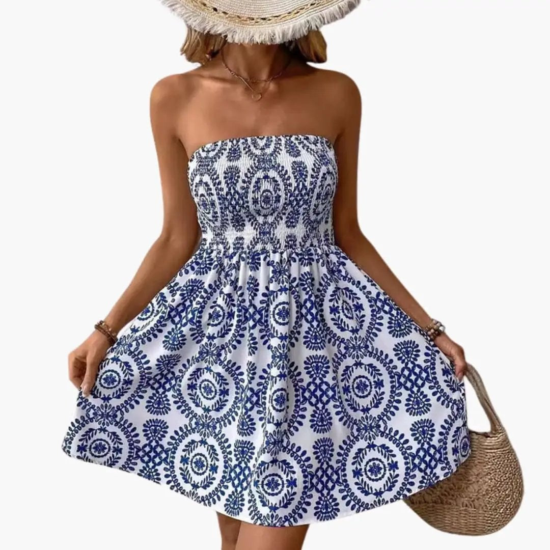 Vestido Corto Palabra de Honor Estampado Geométrico Mujer