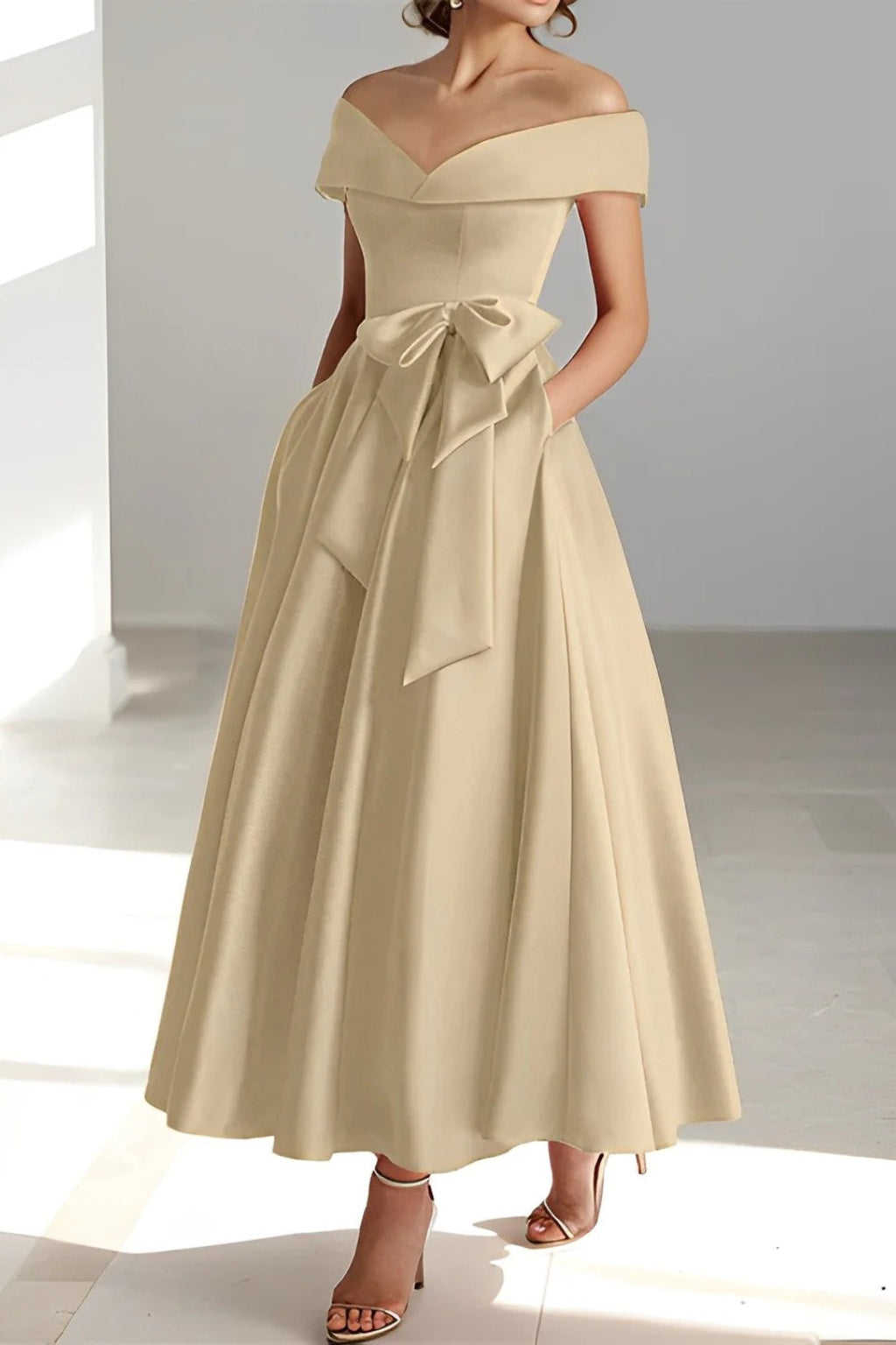 Vestido de Dama de Honor Hombros Descubiertos Mujer Cinturón