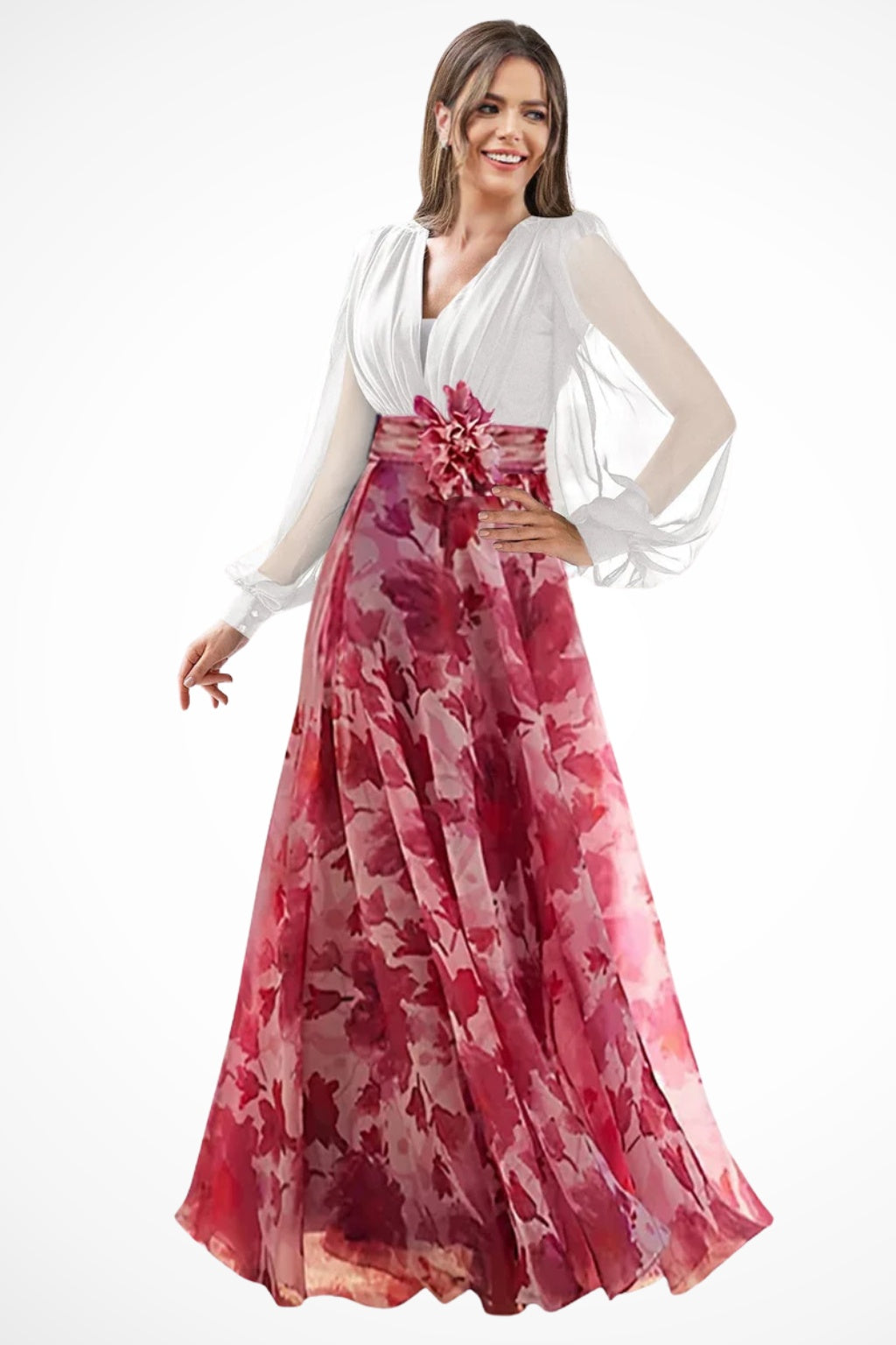 Vestido de Fiesta Largo Estampado Floral Mujer Escote V Manga Globo