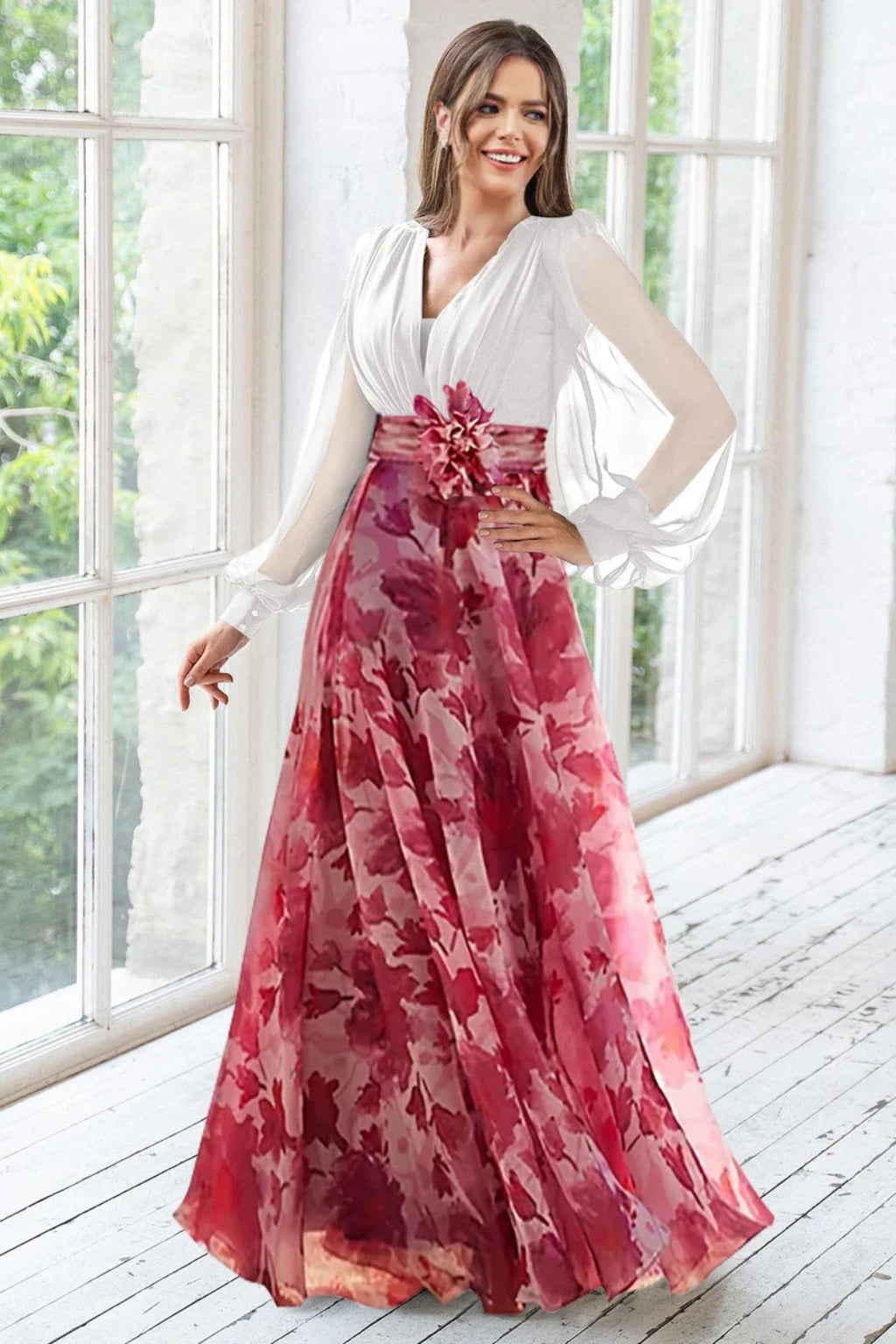 Vestido de Fiesta Largo Estampado Floral Mujer Escote V Manga Globo