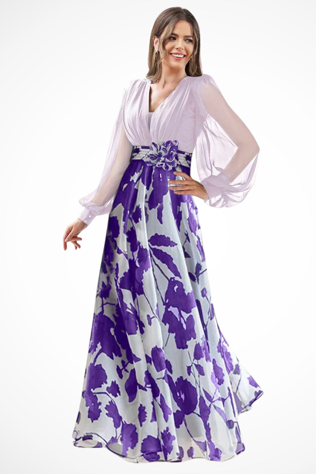 Vestido de Fiesta Largo Estampado Floral Mujer Escote V Manga Globo